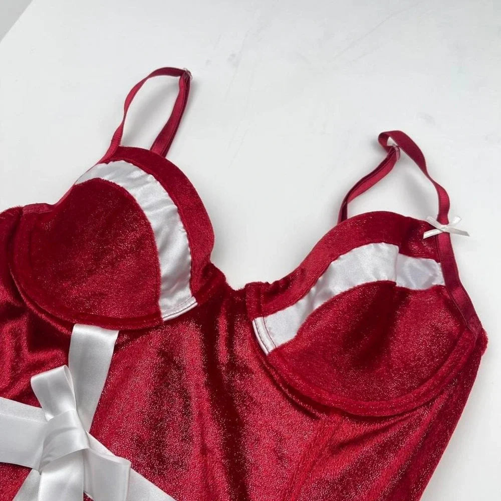 Y2K Velvet Bow Lingerie Corset Bodice Dark Red Holiday Women's Size Medium‎